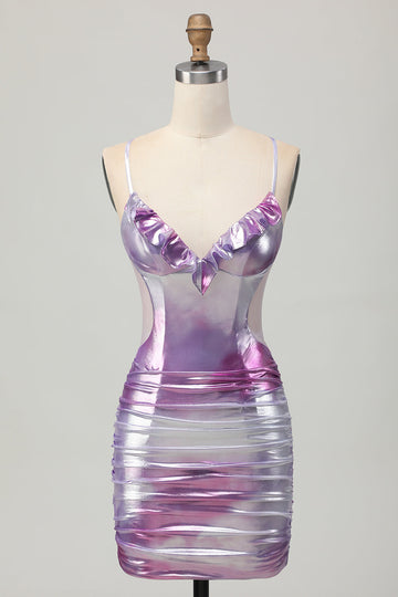 Silver Lila Bodycon Volang V-ringad Homecoming Klänning